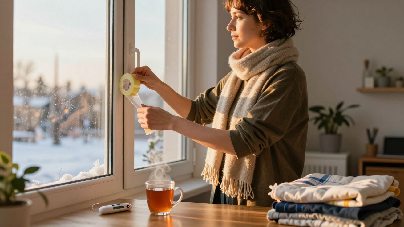 Mulher a selar janela com fita adesiva em dia de neve, chá quente e termómetro na mesa.