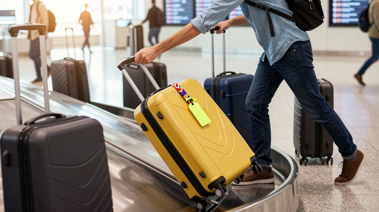 Homem retira mala amarela de esteira de bagagem no aeroporto.