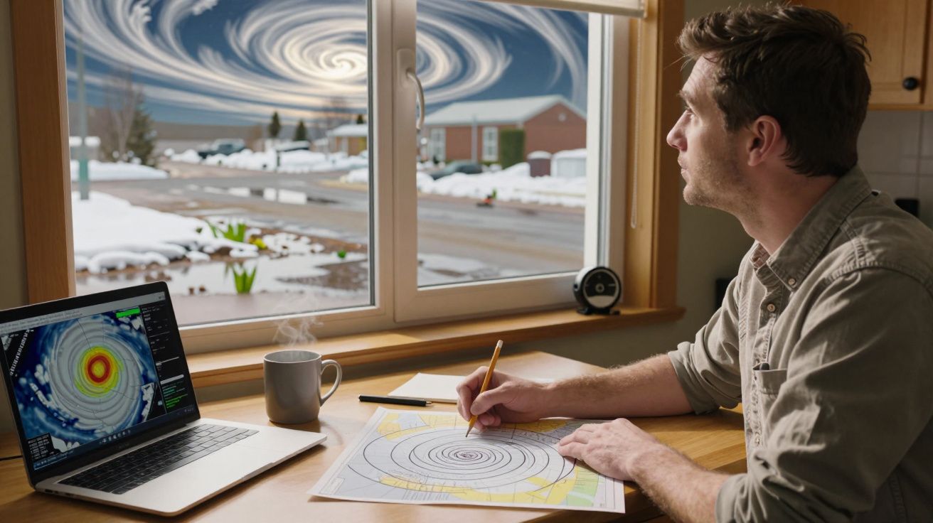 Homem analisa mapas meteorológicos junto à janela, observando tempestade em espiral no céu nevado.