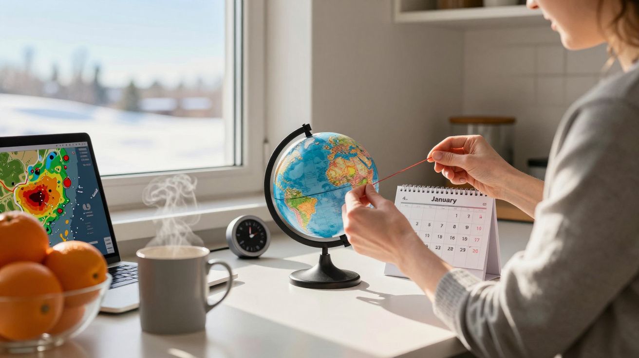 Pessoa ajusta fio em globo terrestre sobre mesa com portátil, chávena fumegante, fruta e calendário.