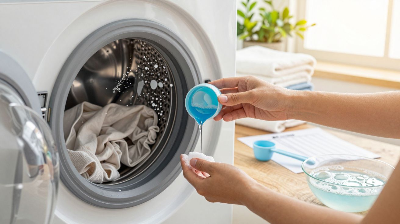 Pessoa a despejar detergente líquido azul numa máquina de lavar com roupa dentro.
